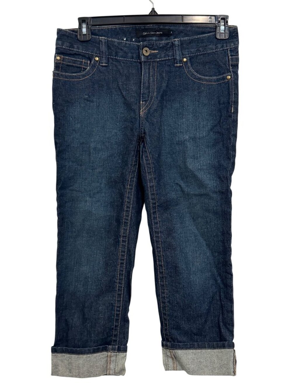 Calvin Klein Womens Denim Capri Jeans Size 6 Dark Wash Stretch Folded Cuffs